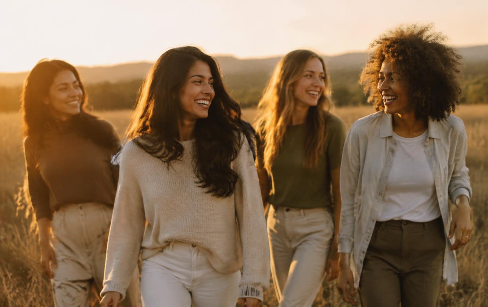 Women walking together at golden hour
